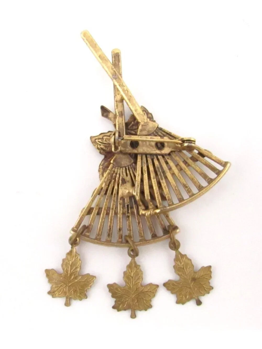 Vintage Fall Pin Brooch Rake Multicolor Enamel Dangle Leaves Fall Colors